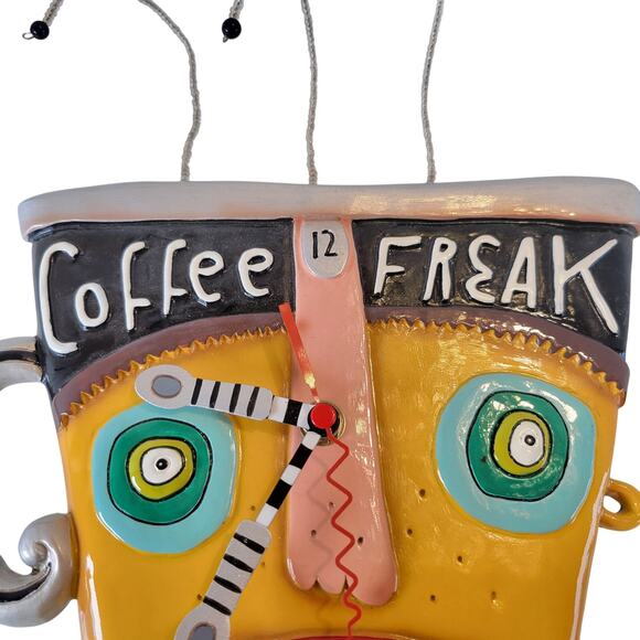 Rare Allen Designs Coffee Freak Wall Clock Studio Art Funky Mug Face 13x9" Works - Picture 13 of 16